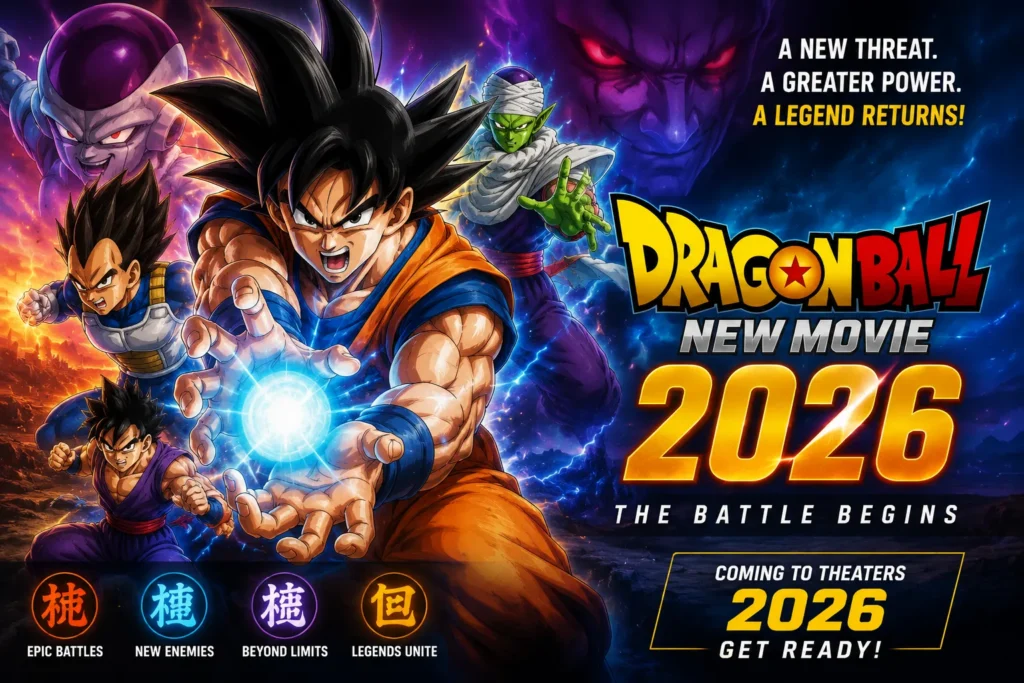 Dragon Ball New Movie 2026: The Ultimate Guide Anime-style action poster with powerful warriors, glowing energy blast, and cosmic battle backdrop for a 2026 movie.