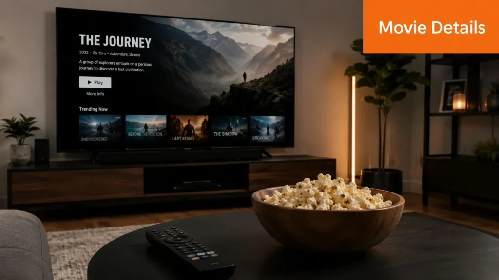Dragon Ball New Movie 2026: The Ultimate Guide Cozy home theater with TV movie interface, popcorn bowl, and remote control on a coffee table.