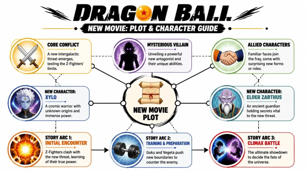 Dragon Ball New Movie 2026: The Ultimate Guide Dragon Ball movie plot infographic featuring new characters, villain, story arcs, and intergalactic conflict.