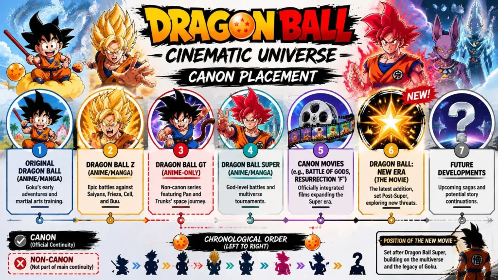 Dragon Ball New Movie 2026: The Ultimate Guide Dragon Ball timeline infographic showing series chronology, canon movies, new movie placement, and future story arcs.