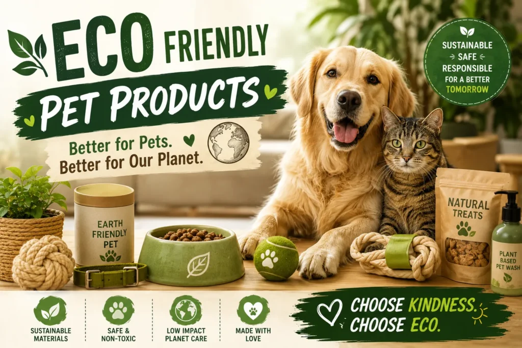 Golden retriever and tabby cat with eco-friendly pet supplies, sustainable toys, and natural pet care products.