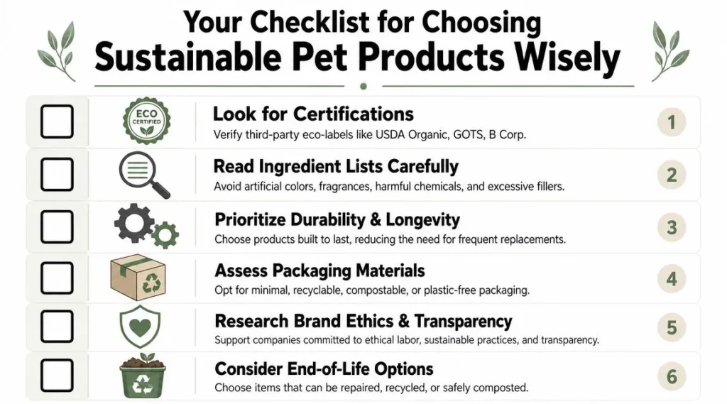 Eco Friendly Pet Products: A Practical Owner's Guide Checklist for choosing sustainable pet products, covering certifications, ingredients, durability, packaging, ethics, and recycling.