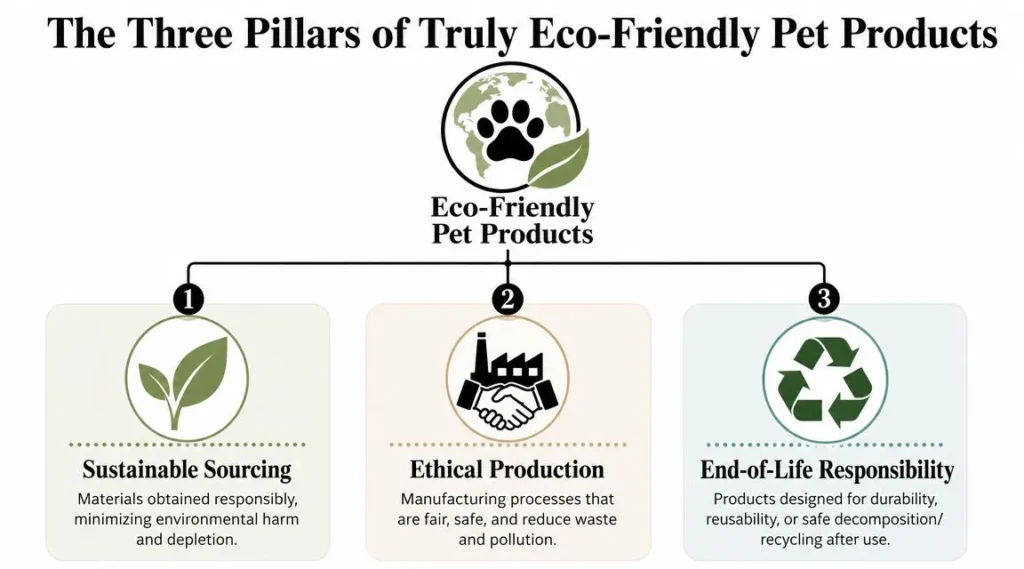 Eco Friendly Pet Products: A Practical Owner's Guide Infographic outlining eco-friendly pet products through sustainable sourcing, ethical production, and recycling-focused design.