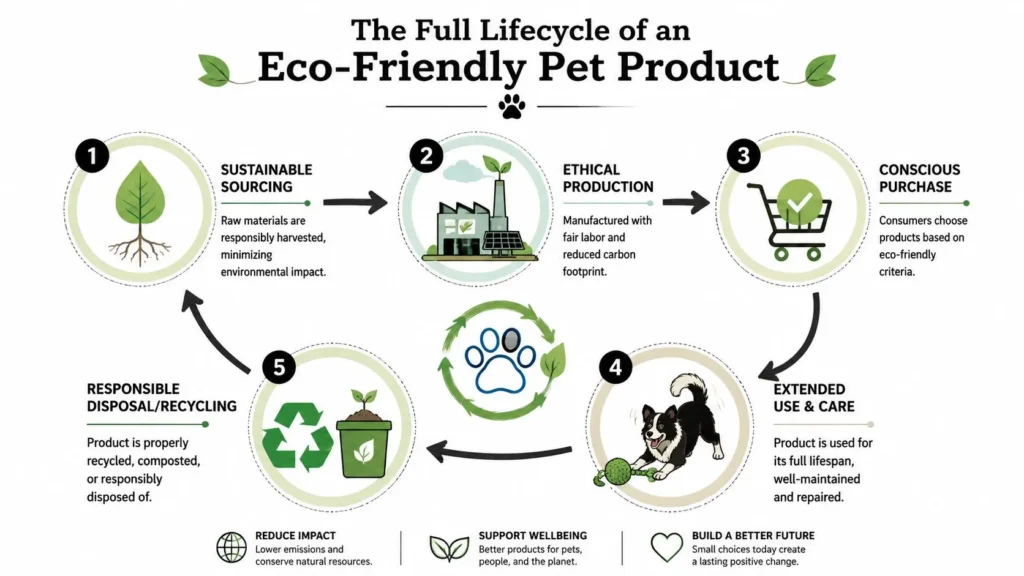 Eco Friendly Pet Products: A Practical Owner's Guide Lifecycle infographic showing an eco-friendly pet product from sustainable sourcing to use, recycling, and disposal.