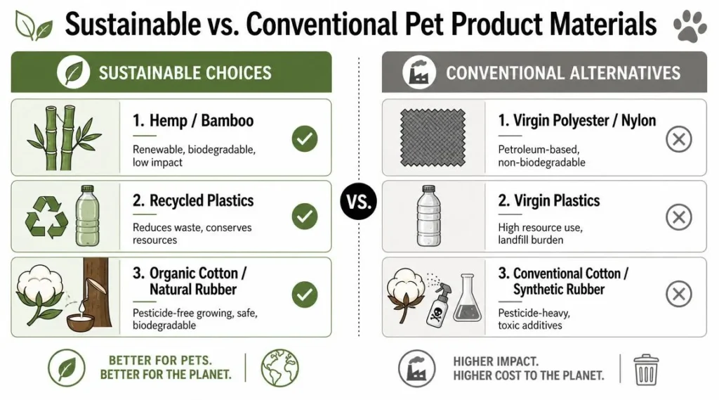 Eco Friendly Pet Products: A Practical Owner's Guide Infographic comparing sustainable pet product materials like bamboo and recycled plastics with conventional alternatives.