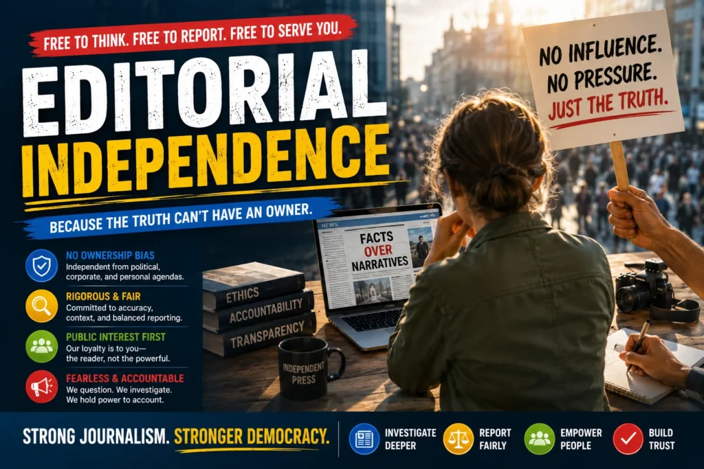 Journalist working independently in a newsroom, highlighting press freedom, ethics, transparency, and public trust.