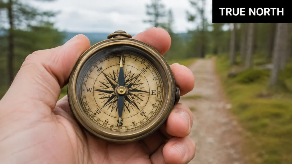 Editorial Independence: Guarding Credibility for Online Hand holding a vintage compass pointing north on a forest trail, symbolizing direction, guidance, and independence.