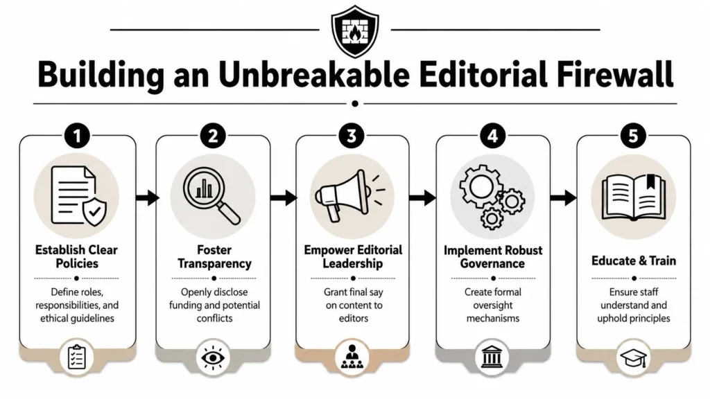 Editorial Independence: Guarding Credibility for Online Infographic outlining five steps to build editorial independence through policies, transparency, leadership, governance, and training.