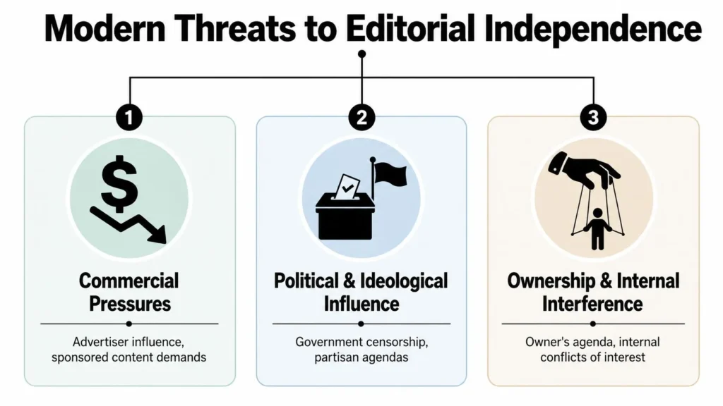 Editorial Independence: Guarding Credibility for Online Infographic showing three threats to editorial independence: commercial pressure, political influence, and ownership interference.
