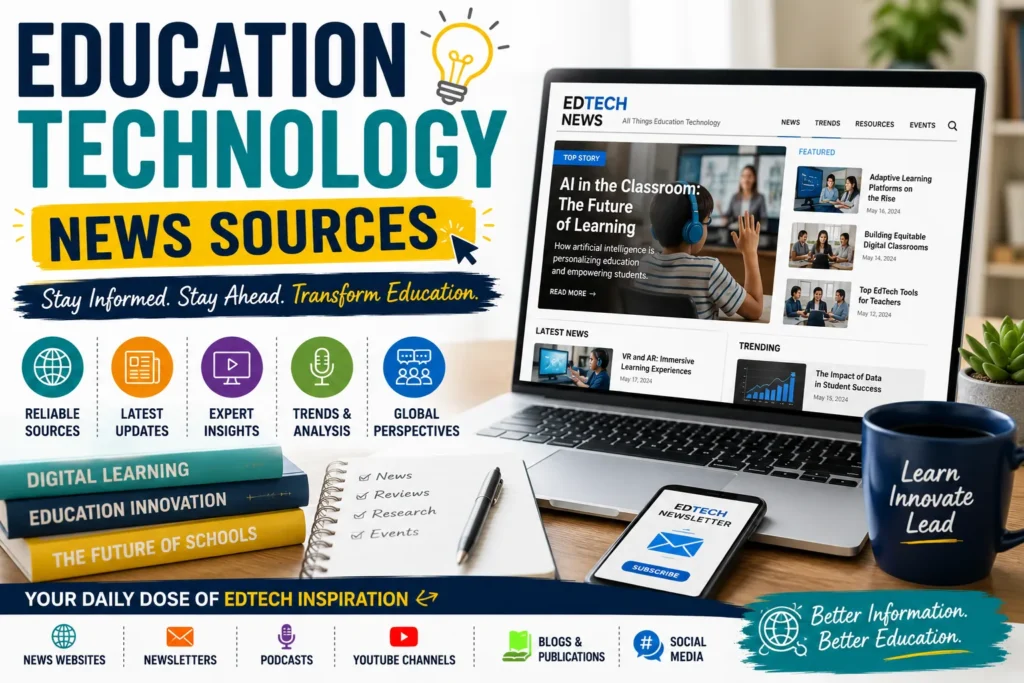 Laptop displaying education technology news with AI learning updates, digital classroom trends, and edtech resources.