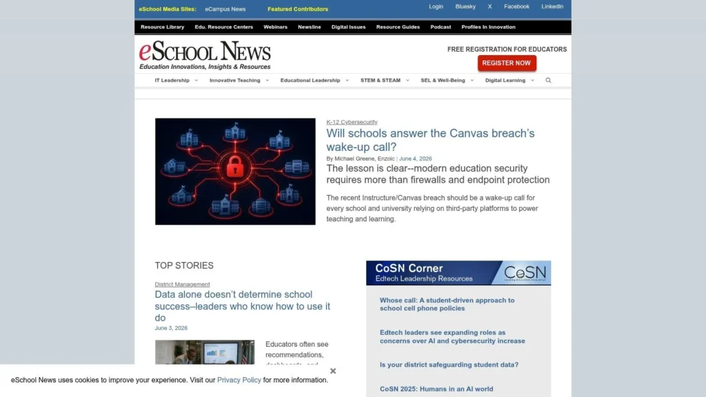 7 Top Education Technology News Sources for 2026 Screenshot of the eSchool News website featuring education technology news, cybersecurity coverage, and school leadership articles.
