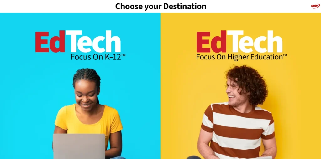 7 Top Education Technology News Sources for 2026 Split-screen EdTech website landing page featuring K–12 and higher education technology resources and news.