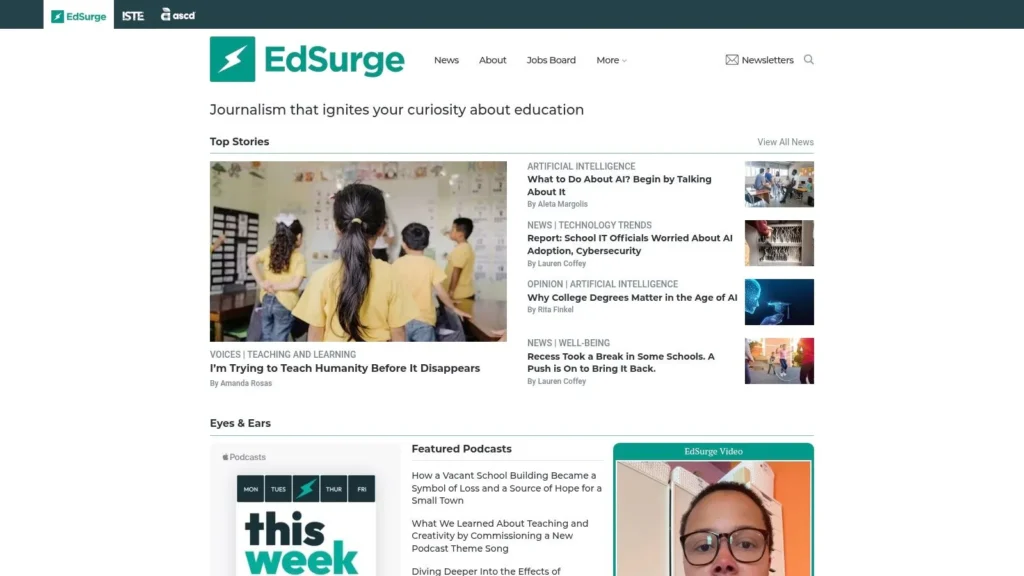 7 Top Education Technology News Sources for 2026 Screenshot of the EdSurge education news website featuring top stories, AI articles, podcasts, and education resources.