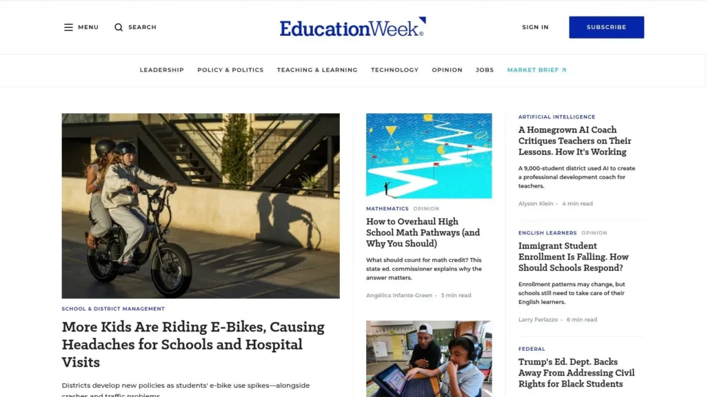 7 Top Education Technology News Sources for 2026 Screenshot of the Education Week website featuring education news, AI topics, teaching resources, and school policy articles.