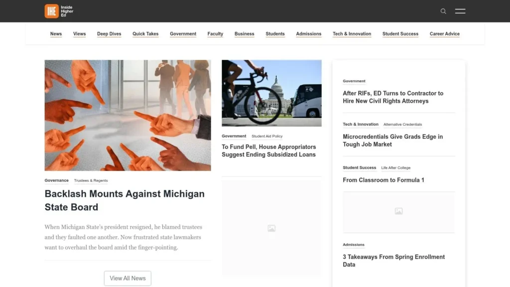 7 Top Education Technology News Sources for 2026 Screenshot of the Inside Higher Ed website featuring higher education news, policy, admissions, and student success articles.