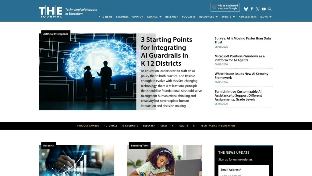 7 Top Education Technology News Sources for 2026 Screenshot of THE Journal website featuring education technology news, AI articles, research, and K-12 learning resources.