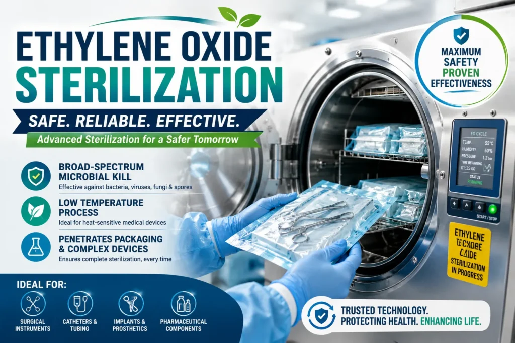 Ethylene oxide sterilization chamber processing medical instruments with safety features and advanced sterilization technology.