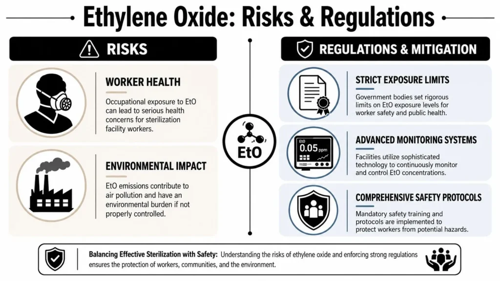 Ethylene oxide risks and regulations infographic covering worker safety, environmental impact, monitoring, and controls.