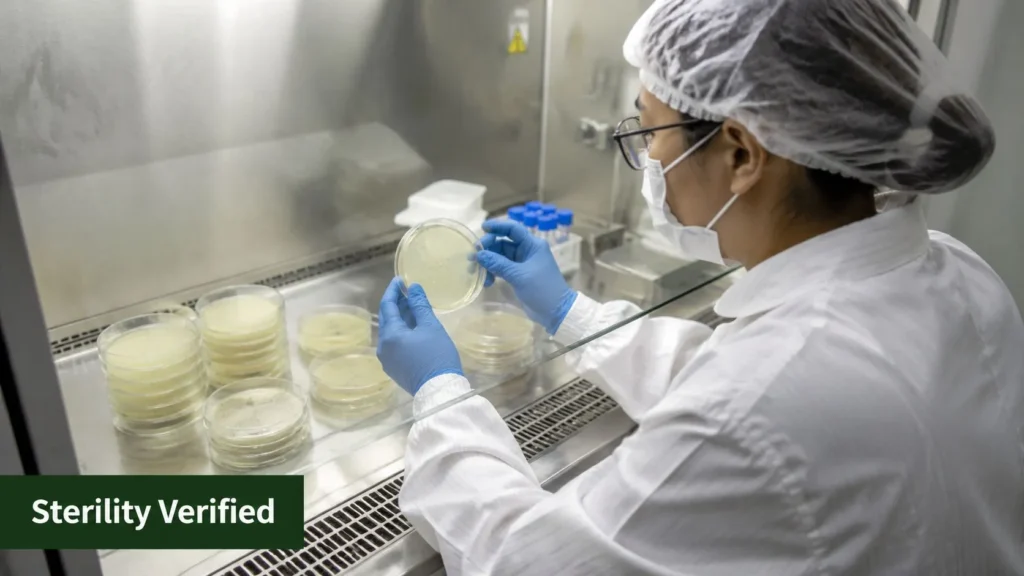Laboratory technician inspecting culture plates in a sterile environment to verify sterilization effectiveness.