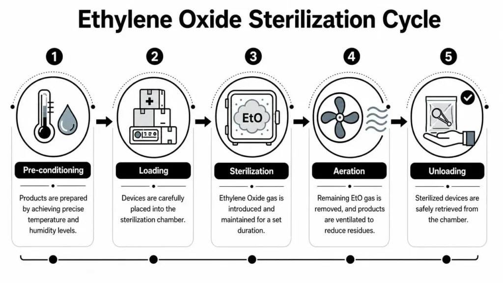 Ethylene oxide sterilization cycle infographic showing pre-conditioning, loading, sterilization, aeration, and unloading steps.