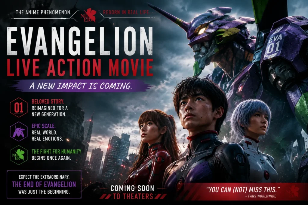 Evangelion Live Action Movie: The Decades-Long Wait Sci-fi movie poster with giant mecha, futuristic pilots, and a dystopian city under dramatic stormy skies.