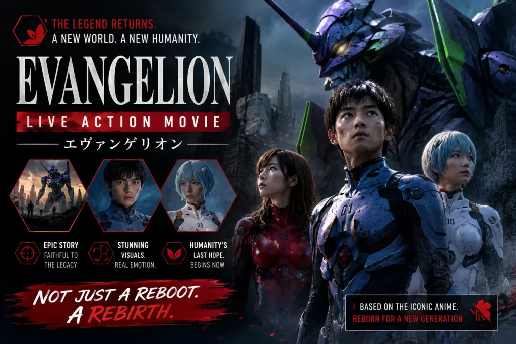 Sci-fi movie poster with giant mecha, futuristic pilots, and a ruined city skyline in a dramatic cinematic setting.