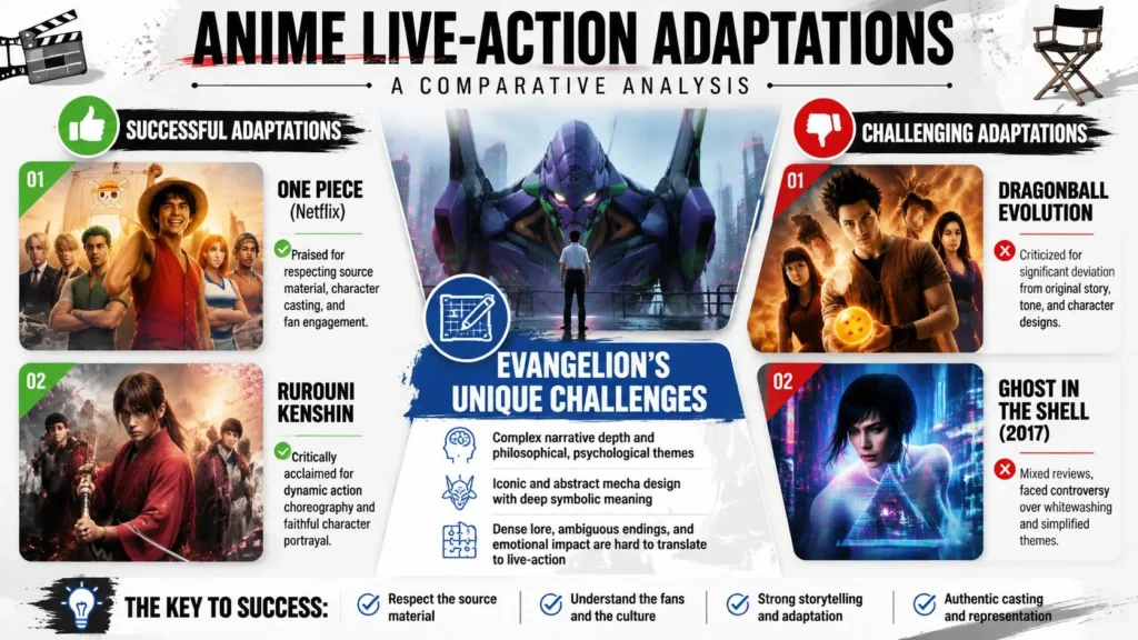 Infographic comparing anime live-action adaptations, highlighting Evangelion’s challenges and notable successes and failures.