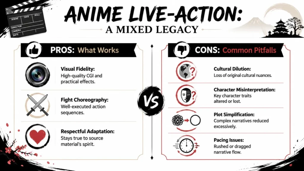 Infographic comparing anime live-action adaptations, outlining strengths like visual fidelity and common adaptation pitfalls.