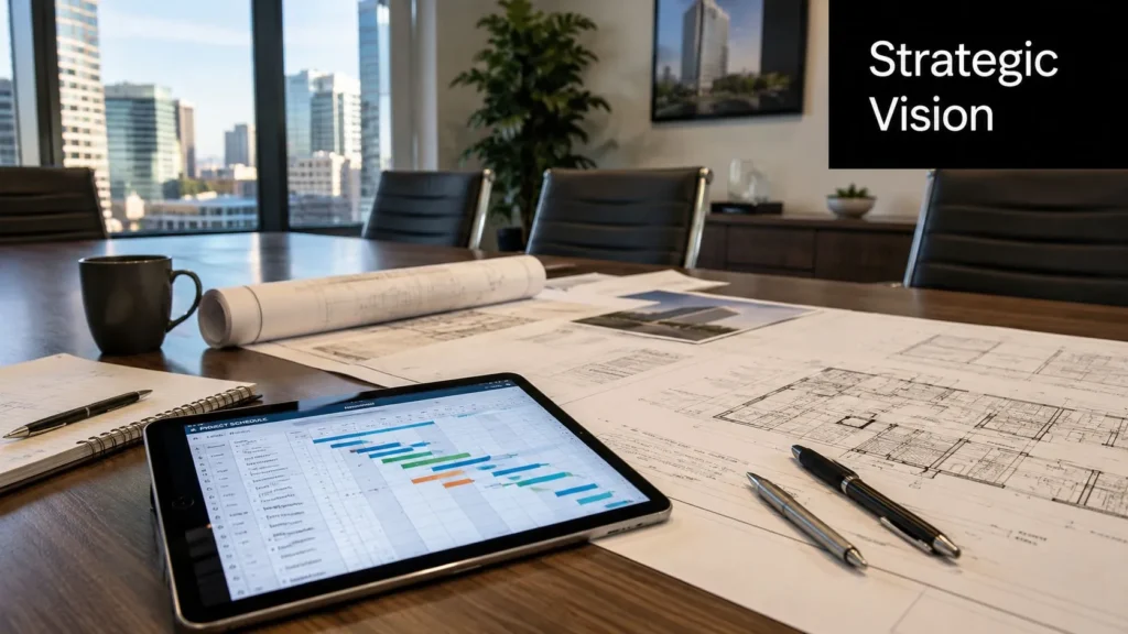 Conference room table with architectural plans, project schedule on a tablet, and city skyline view, symbolizing strategy.
