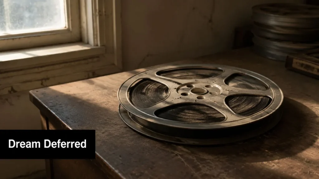 Vintage film reel resting on a dusty table by a sunlit window, symbolizing an unfinished dream or lost project.