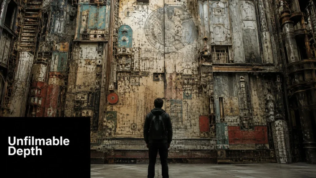 Person standing before a massive, intricate industrial wall, illustrating the overwhelming scale and complexity of a sci-fi world.