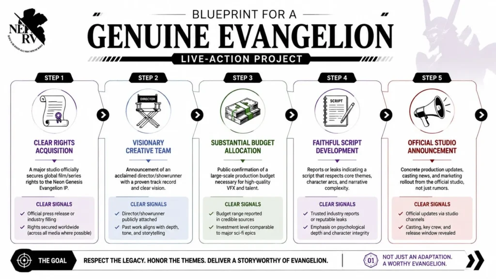 Infographic outlining a five-step blueprint for developing a faithful Evangelion live-action adaptation.
