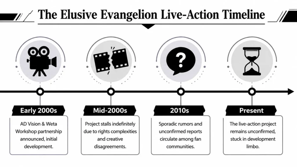 Infographic timeline showing the stalled Evangelion live-action project from early 2000s development to present uncertainty.