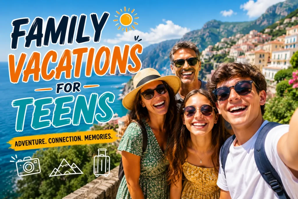 10 Unforgettable Family Vacations for Teens Family of four smiling on a scenic coastal vacation, promoting family vacations for teens with adventure and travel themes.