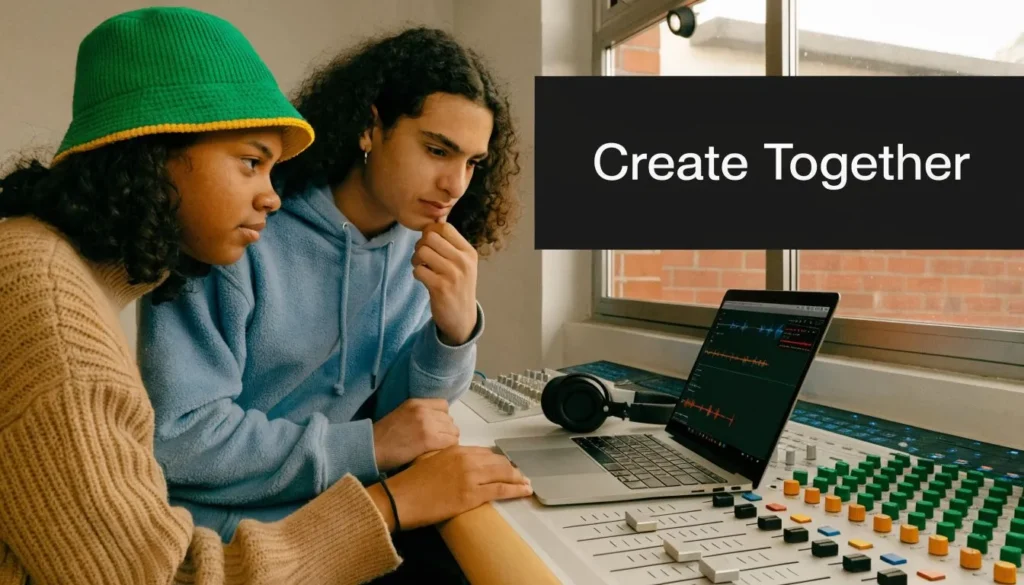 10 Unforgettable Family Vacations for Teens Teens collaborating on music production at a studio workstation with a laptop, mixer, and audio editing software.