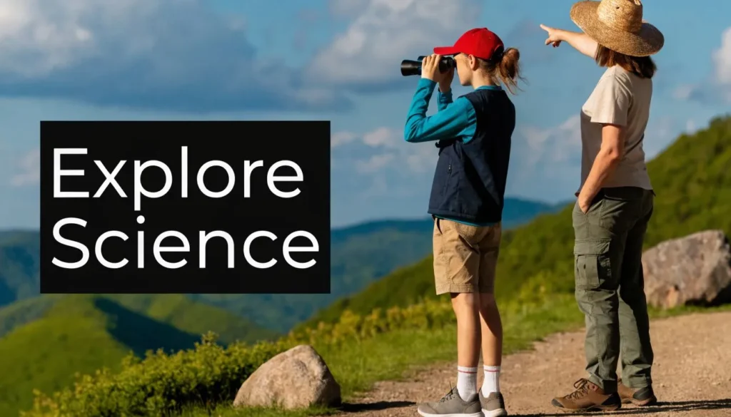 10 Unforgettable Family Vacations for Teens Teen using binoculars with an adult on a mountain trail, exploring nature and learning through outdoor science activities.