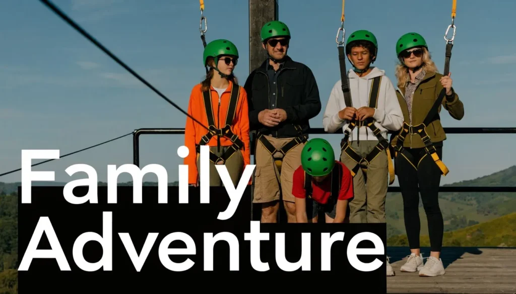 10 Unforgettable Family Vacations for Teens Family enjoying a zip-line adventure with safety gear and helmets, highlighting an exciting outdoor vacation activity.