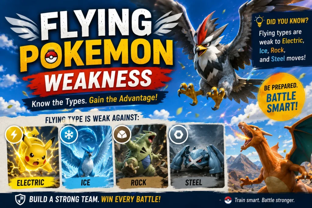 Flying Pokémon weakness guide showing Flying-type counters: Electric, Ice, Rock, and Steel in a battle-themed layout.