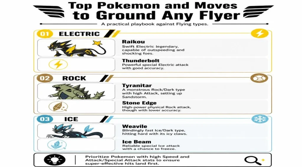 Master Flying Pokémon Weakness Infographic highlighting top Pokémon counters to Flying types: Raikou, Tyranitar, Weavile, and their key moves.