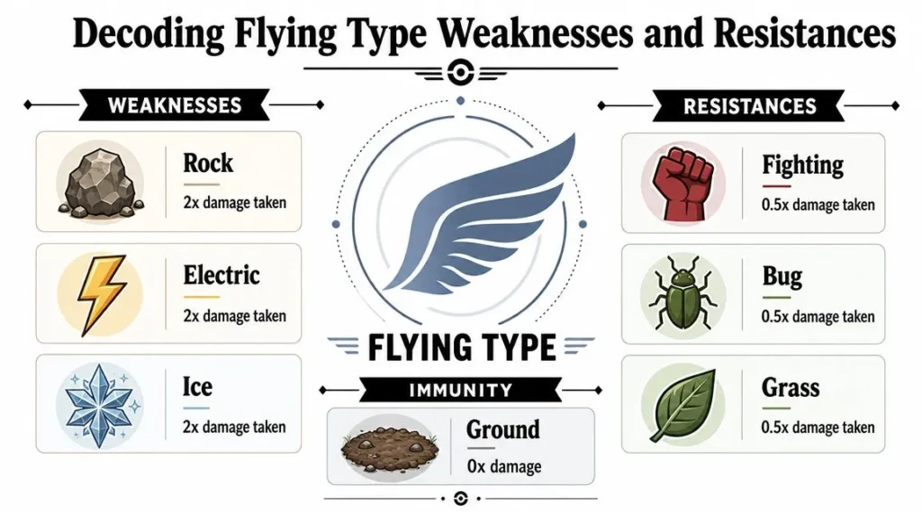 Master Flying Pokémon Weakness Flying-type Pokémon chart showing weaknesses to Rock, Electric, Ice; resistances to Fighting, Bug, Grass, and Ground immunity.