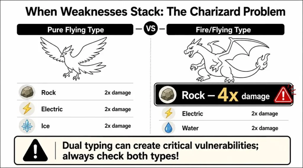 Master Flying Pokémon Weakness Comparison chart showing Flying vs Fire/Flying Pokémon weaknesses, highlighting Charizard