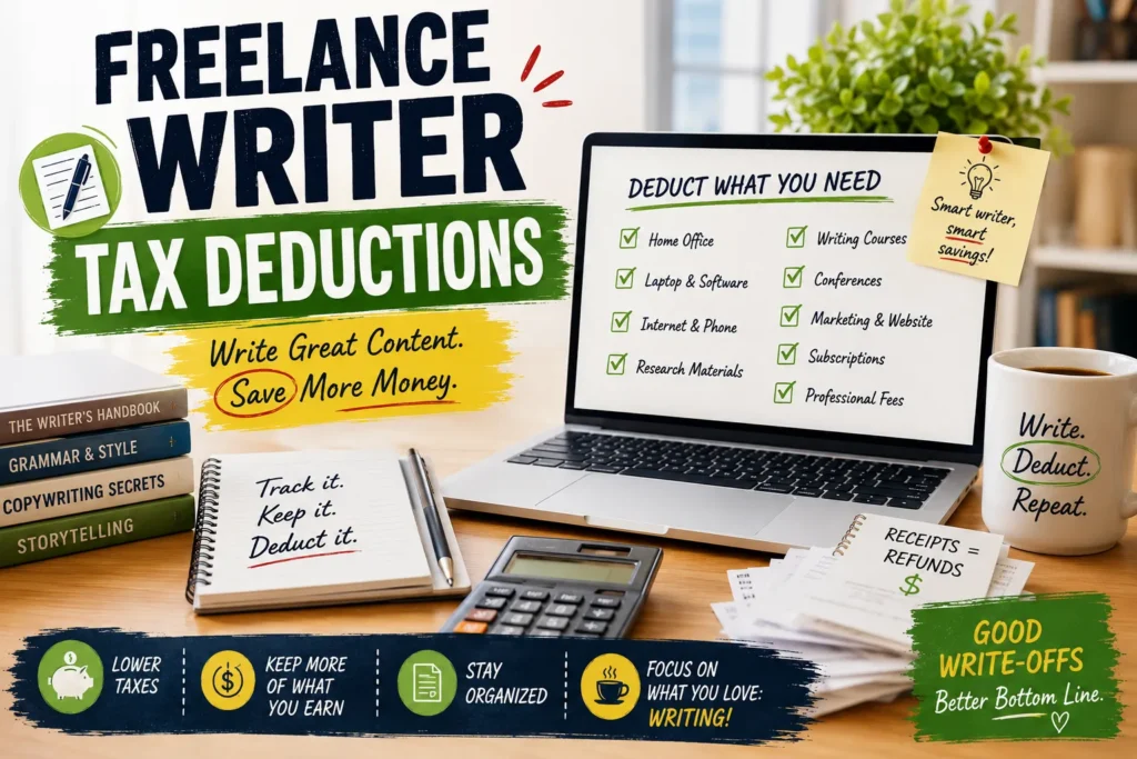 Freelance writer tax deductions guide with laptop, receipts, calculator, and common business expense write-offs.