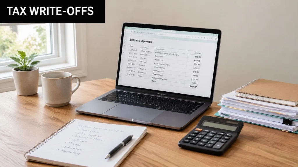 Freelance Writer Tax Deductions: A 2026 Guide Freelance writer workspace with laptop, calculator, receipts, and expense records illustrating tax write-offs and deductions.