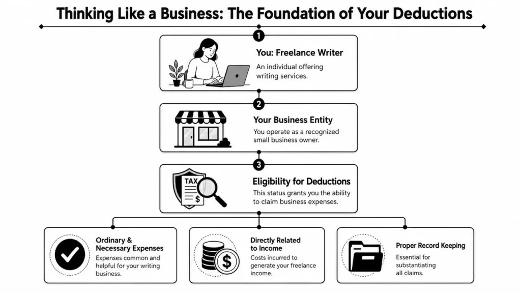 Freelance Writer Tax Deductions: A 2026 Guide Freelance writer tax deductions infographic showing business status, deduction eligibility, expenses, income costs, and records.