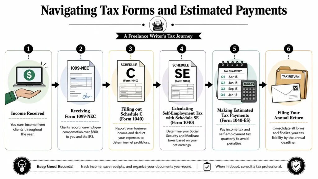 Freelance Writer Tax Deductions: A 2026 Guide Freelance writer tax infographic outlining income, 1099-NEC, Schedule C, self-employment tax, estimated payments, and filing.