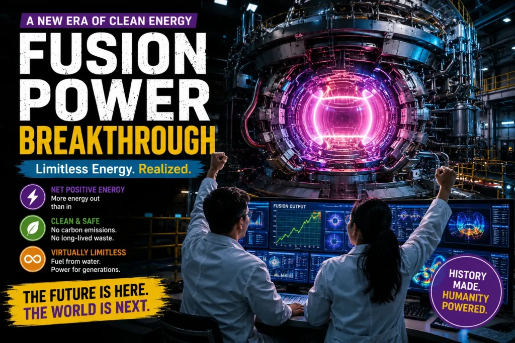 Scientists celebrate a fusion energy breakthrough beside a glowing reactor, symbolizing clean and limitless power.
