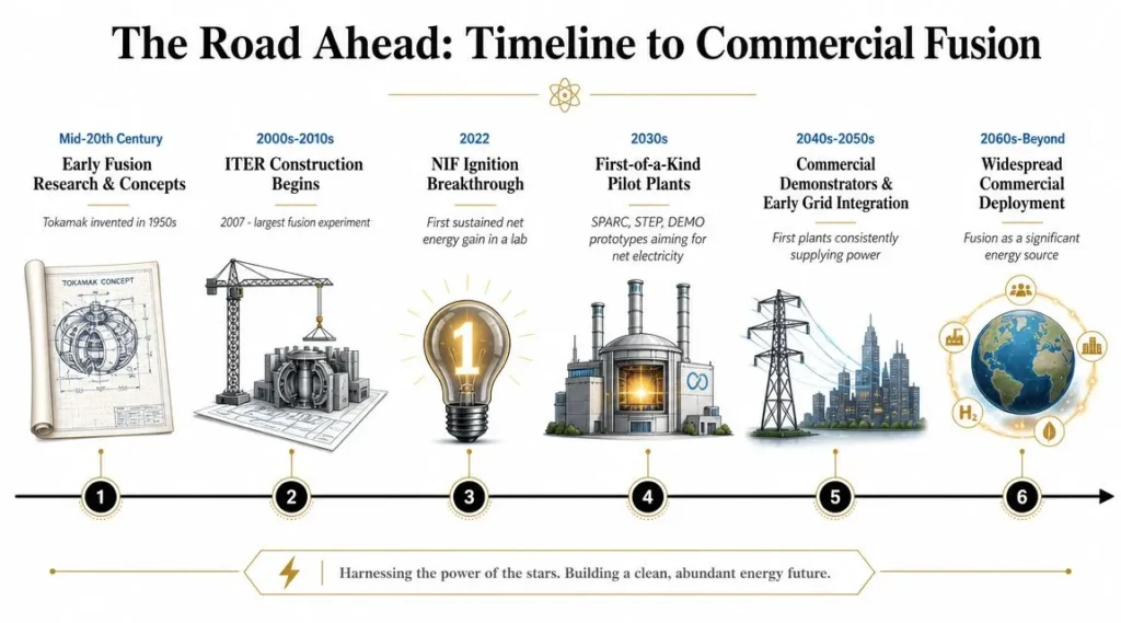 Fusion Power Breakthrough: Clean Energy's 2026 Reality Fusion energy timeline infographic from early research and ITER to NIF ignition, pilot plants, and commercial deployment.