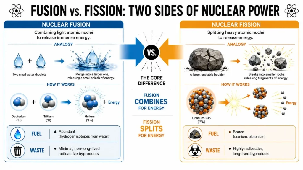 Fusion Power Breakthrough: Clean Energy's 2026 Reality Fusion vs. fission infographic comparing nuclear reactions, fuel sources, energy production, and radioactive waste.