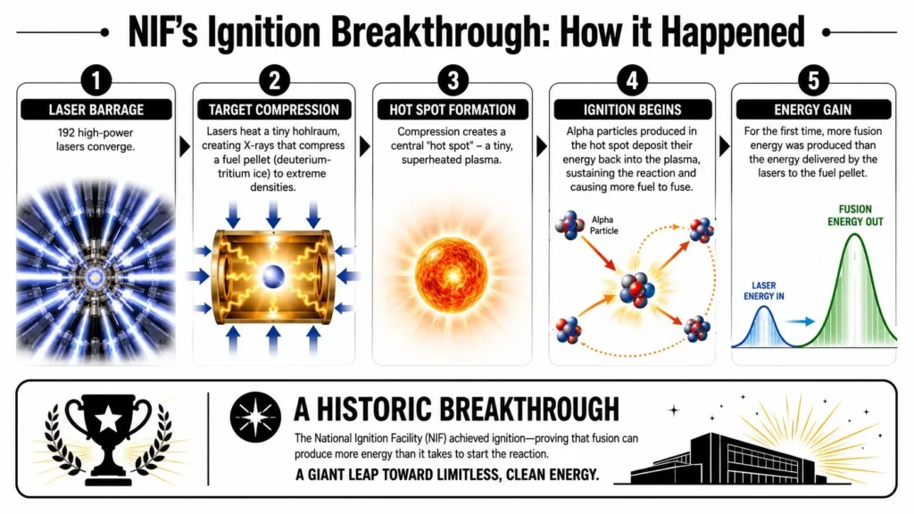 Fusion Power Breakthrough: Clean Energy's 2026 Reality NIF ignition breakthrough infographic showing laser fusion steps from target compression to net energy gain.