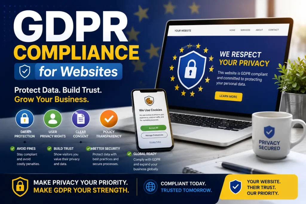 GDPR compliance dashboard on laptop and smartphone with privacy, cookie consent, and data protection features.